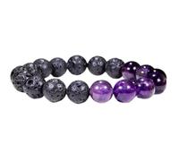 LKBEADS Bracciale elastico con perline lisce di ametista naturale e lava nera da 10 mm, forma rotonda, multicolore, lunghezza 7 pollici, ideale come regalo unisex e portafortuna |L_STBC_00447_7.5