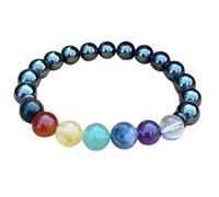 LKBEADS Bracciale elastico con perline naturali dei 7 chakra ed ematite da 8-10 mm, forma rotonda, multicolore, lunghezza 7 pollici, ideale come regalo unisex e portafortuna |L_STBC_00073_7.5