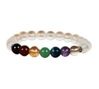 LKBEADS Bracciale elastico con pietre preziose naturali, 7 chakra e quarzo bianco, perline lisce da 8 mm, forma rotonda, multicolore, lunghezza 7 pollici, e portafortuna |L_STBC_00121_7
