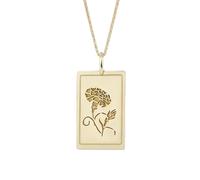 LKBEADS Ciondolo a forma di garofano con incisione |LK_NLC_00165 | botanico rettangolare placcato oro 24x16 mm con catena a maglia da 45 cm, gioiello floreale ispirato alla natura.