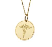 LKBEADS Ciondolo Caduceo in argento sterling 925 placcato oro|LK_NLC_00056 | Collana da uomo e donna con ciondolo a disco rotondo con simbolo medico inciso, 26 mm, con cavo da 45 cm.