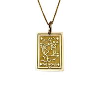 LKBEADS Ciondolo con la carta dei tarocchi Il mondo |LK_NLC_00696 | Collana placcata oro, ciondolo rettangolare inciso a forma di carta, 26x19 mm, con catena a maglia da 18 pollici, celeste.