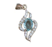 LKBEADS ciondolo ovale sfaccettato blu in acquamarina naturale da 15x13 mm, collana in argento sterling 925 a forma di foglia astratta con catena a maglie da 18 pollici, chakra della gola calmante e