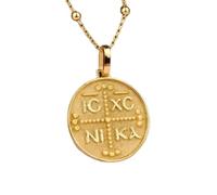 LKBEADS Collana argento sterling 925 24 mm catena 18 pollici Costantino per donna ciondolo con moneta Nika ICXC ortodossa orientale a forma greca battesimo placcatura oro|LKRPG_00519