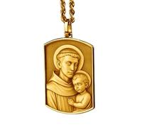 LKBEADS Collana con ciondolo 3D di Sant'Antonio da Padova in argento sterling 925 a forma rettangolare con catena a maglia fine da 45 cm, ciondolo placcato oro, gioiello significativo |LKD_3DM_00064