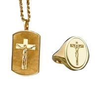 LKBEADS Collana con ciondolo a croce e anello con sigillo |LK_PCOM_0570 | Ciondolo in argento sterling 925, dimensioni 22x32 mm, placcato oro, ciondolo cristiano significativo, set di gioielli