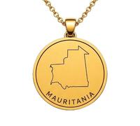 LKBEADS Collana con ciondolo a forma di mappa della Mauritania in argento sterling 925 per uomo e donna, placcata oro, rotonda da 30 mm, con contorno del paese inciso,|LKN_MAP_00982