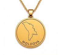 LKBEADS Collana con ciondolo a forma di mappa della Moldavia in argento sterling 925 per uomo e donna, placcata oro, rotonda da 30 mm, con contorno del paese inciso,|LKN_MAP_00987