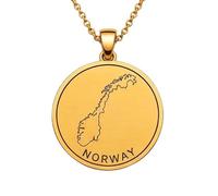 LKBEADS Collana con ciondolo a forma di mappa della Norvegia in argento sterling 925 per uomo e donna, placcata oro, rotonda da 30 mm, con contorno del paese inciso,|LKN_MAP_01004