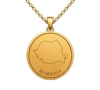 LKBEADS Collana con ciondolo a forma di mappa della Romania in argento sterling 925 per uomo e donna, placcata oro, rotonda da 30 mm con contorno del paese inciso,|LKN_MAP_01022
