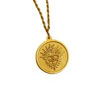 LKBEADS Collana con ciondolo a forma di moneta incisa a forma di cuore sacro da 24 mm con catena a maglie da 18 pollici | Argento sterling placcato oro | Gioiello regalo unisex | LK_PNDN_1399