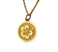 LKBEADS Collana con ciondolo a forma di moneta incisa a forma di fiore di ibisco da 24 mm con catena a maglie da 18 pollici | Argento sterling placcato oro | Gioiello regalo unisex | LK_PNDN_0761