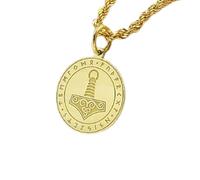 LKBEADS Collana con ciondolo a forma di moneta incisa a forma di martello di Thor da 24 mm con catena francese da 18 pollici | Argento sterling placcato oro | Gioiello regalo unisex | LK_PNDN_0723