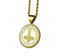 LKBEADS Collana con ciondolo a forma di moneta incisa a forma di martello di Thor da 24 mm con catena francese da 18 pollici | Argento sterling placcato oro | Gioiello regalo unisex | LK_PNDN_0724