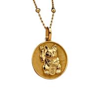 LKBEADS Collana con ciondolo a forma di moneta incisa Maneki Neko da 24 mm con catena a maglie da 18 pollici | Argento Sterling placcato oro | Gioiello regalo unisex | LK_PNDN_1010