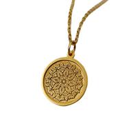 LKBEADS Collana con ciondolo a moneta con incisione a forma di mandala sacro da 24 mm con catena a maglie da 18 pollici | Argento sterling placcato oro | Gioiello regalo unisex | LK_PNDN_1408