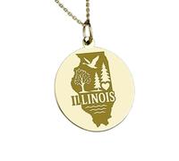 LKBEADS Collana con ciondolo rotondo con incisione della mappa dell'Illinois, realizzata in argento sterling 925 placcato oro, con catena a maglia fine da 45 cm. Gioielli fatti|LKD_EGP_00177
