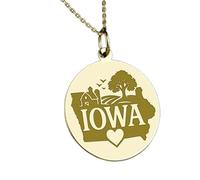LKBEADS Collana con ciondolo rotondo con incisione della mappa dell'Iowa, realizzata in argento sterling 925 placcato oro, con catena a maglia fine da 45 cm. Gioielli fatti|LKD_EGP_00173