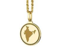 LKBEADS Collana con ciondolo rotondo da 25 mm in argento sterling 925 con medaglione inciso raffigurante la mappa dell'India, gioiello placcato oro con città e paese, |LKN_MAP_01168