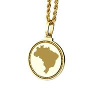 LKBEADS Collana con ciondolo rotondo da 25 mm in argento sterling 925 con medaglione inciso raffigurante la mappa del Brasile, gioiello placcato oro con città e paese, |LKN_MAP_01239
