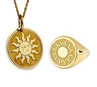 LKBEADS Collana con ciondolo Sole e Luna e anello con sigillo |LK_PCOM_0356 | Ciondolo in argento sterling 925, misura 24 mm, placcato oro, con motivo alba, set di gioielli significativi