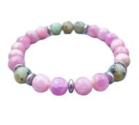LKBEADS pietra preziosa naturale di kunzite e diaspro kiwi da 8 mm | forma rotonda, pietra a taglio liscio | 7 pollici | gemma multicolore | braccialetto elastico energetico | LSB_01763