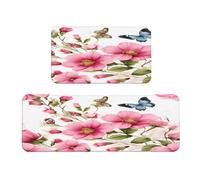 LKBNMCVRE Garden With Birds And Flowers 2 set di tappeti da cucina impermeabili resistenti con cuscinetti antiscivolo sono adatti per una facile pulizia in lavanderia familiare e uffici