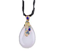LKDCNUP Collana con talismano, Ciondolo Feng Shui,Cloisonne intarsiato in giada di seta dorata Giada bianca Ciondolo in giada con goccia d'acqua Collana da donna con vento nazionale selvaggio retrò