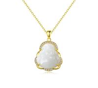 LKDCNUP Collana con talismano, Ciondolo Feng Shui, Collana con ciondolo Feng Shui in giada Hetian bianca for donna, autentico Yoga Maitreya Buddha, catena con clavicola S925, argento placcato oro