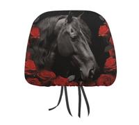 LKHDS Set di 2 coperture universali per poggiatesta auto, motivo cavallo nero su sfondo di rose rosse, facili da installare, traspiranti e morbide, protezioni per poggiatesta per la maggior parte dei