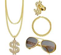 LKJAUOZ 4 Pezzi Set Accessori Rapper,Accessori Rapper Costume Hip Hop,Collane Rapper Hip Hop,con Segno del Dollaro Bracciale Collane, Costume da magnaccia carnevale