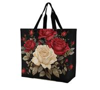 LKJTRF Borsa tote da donna con rose rosse e rose bianche, borsa a tracolla casual riutilizzabile per shopping, viaggi, lavoro