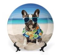 LKJTRF Piatti decorativi in ceramica da 8 pollici Bulldog francese estate Bone China piatti decorativi con espositore ornamento in ceramica fatto a mano per casa cucina camera da letto ornamenti