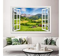 LKLKLK Finestra Finta Quadro paesaggistica di una casa in legno con prato verde,Stampe su Tela,Quadri su tela per la decorazione dell'ufficio del soggiorno 80x120cm(32x48in) Senza cornice