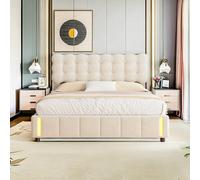 LKPOMI Letto imbottito 160 x 200 cm con testiera, letto idraulico con rete a doghe, letto matrimoniale con vano portaoggetti sotto letto, luce sensore umano, velluto beige, senza materasso (beige, 160