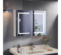 LKPOMI Specchio bagno contenitore con luce, 80 x 13,5 x 60 cm, Mobiletto Specchio Bagno Sospeso con 2 Ante, ripiano regolabile, luminosità regolabile, armadietto specchio bagno (bianco, 80 x 60 cm)