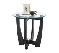LKTART Tavolino rotondo in vetro, da 59,7 cm, con piano in vetro temperato e base in legno massello, piccolo comodino per soggiorno, ufficio, appartamento, nero