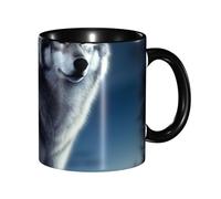 LKVNSWERT Tazza da caffè in porcellana da 325 ml, con manico, lupo sotto la luna, tazza da caffè per ufficio e casa, tazza per caffè, tè e latte, colorata all'interno in ceramica, per uomini e donne