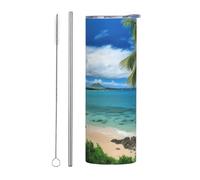 LKWSCGHM Bicchiere da spiaggia con palma tropicale Hawaii, con coperchi e cannuccia, 590 ml, a doppia parete, in acciaio inox, isolato, a prova di perdite, da viaggio, per bevande calde e fredde