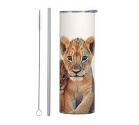 LKWSCGHM Piccolo bicchiere a forma di leone con coperchio e cannuccia, 590 ml, a doppia parete, in acciaio inox, isolato, a prova di perdite, da viaggio, per bevande calde e fredde