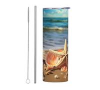 LKWSCGHM Seashells on the sandy beach Tumbler con coperchi e cannuccia, 590 ml, doppia parete sottovuoto, in acciaio inox, tazza termica da viaggio a tenuta stagna, per bevande calde e fredde