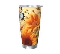 LKWSCGHM Simpatico bicchiere con girasole e farfalla con coperchio, 590 ml, a doppia parete, in acciaio inox, isolato, tazza termica da viaggio per bevande calde e fredde