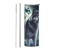 LKWSCGHM Wolf Under Moon - Borraccia termica con coperchio e cannuccia, 590 ml, a doppia parete, in acciaio inox, isolata, a prova di perdite, da viaggio, per bevande calde e fredde