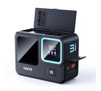 llano 3 in 1 3 slot PD 30 W caricabatterie rapido per GoPro Hero 12/11/10/9 e Enduro, con PowerBank da 12400 mAh integrato, custodia portaoggetti, indicatore in tempo reale, colore nero