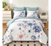 LLDSYW Set copripiumino floreale king size, 7 pezzi in una borsa, fiori azzurri stampati su bianco, set di biancheria da letto morbido e leggero, per tutte le stagioni (azzurro, king size