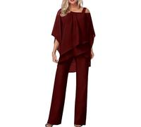 LLECDASEUI Abito da Donna Plus Size - Elegante Abito da Ospite di Nozze Abito da 2 Pezzi in Chiffon Abito Formale - Manica a Pipistrello - Più Colori (Rosso,L)
