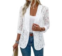 LLECDASEUI Blazer in Pizzo da Donna Aperto sul Davanti Button Down Blazer in Maglia Trasparente Elegante Giacca Casual con Maniche a 3/4 (Bianco,S)