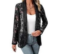 LLECDASEUI Blazer in Pizzo da Donna Aperto sul Davanti Button Down Blazer in Maglia Trasparente Elegante Giacca Casual con Maniche a 3/4 (Nero,L)