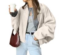 LLECDASEUI Bomber da Donna in Camoscio Finto con Cerniera Cappotto Pilota Casual Risvolto Oversize Maniche Lunghe Y2k Capispalla Cappotti (Beige,L)