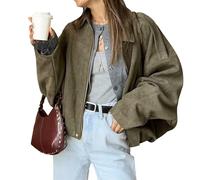 LLECDASEUI Bomber da Donna in Camoscio Finto con Cerniera Cappotto Pilota Casual Risvolto Oversize Maniche Lunghe Y2k Capispalla Cappotti (Verde militare,XS)